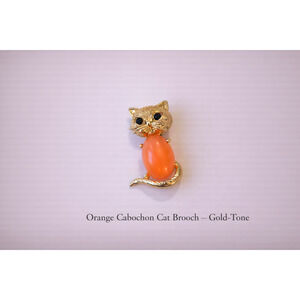 Vintage Orange Moonglow Style Cabochon, Gold Tone Cat Brooch